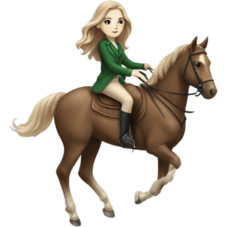 Girl high end clothes green eyes riding a horse pale skin brown hair emoji