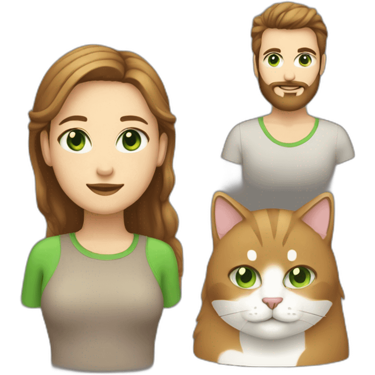 Woman with light straight brown hair and green eyes and a heavy man with a beard and two cats white and another black emoji