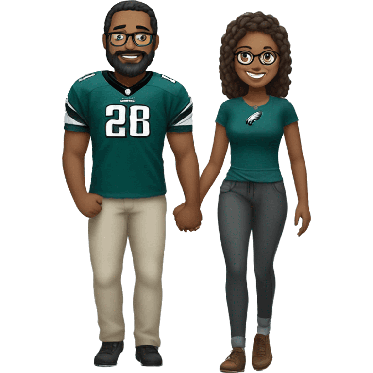 Stalky Brown guy with beard mustache and brown girl with glasses and her hair in a bun in Philadelphia eagles clothes holding hands emoji