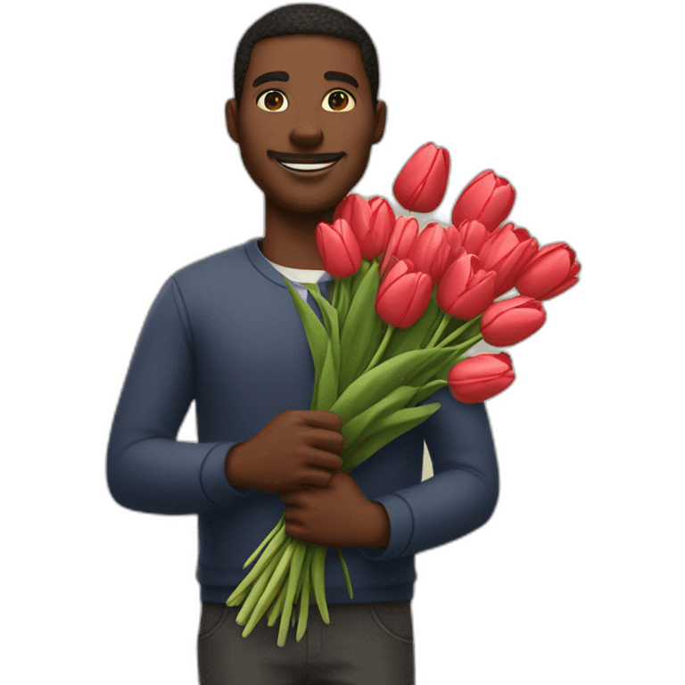 Black man with a huge bouquet of tulips in his arms emoji