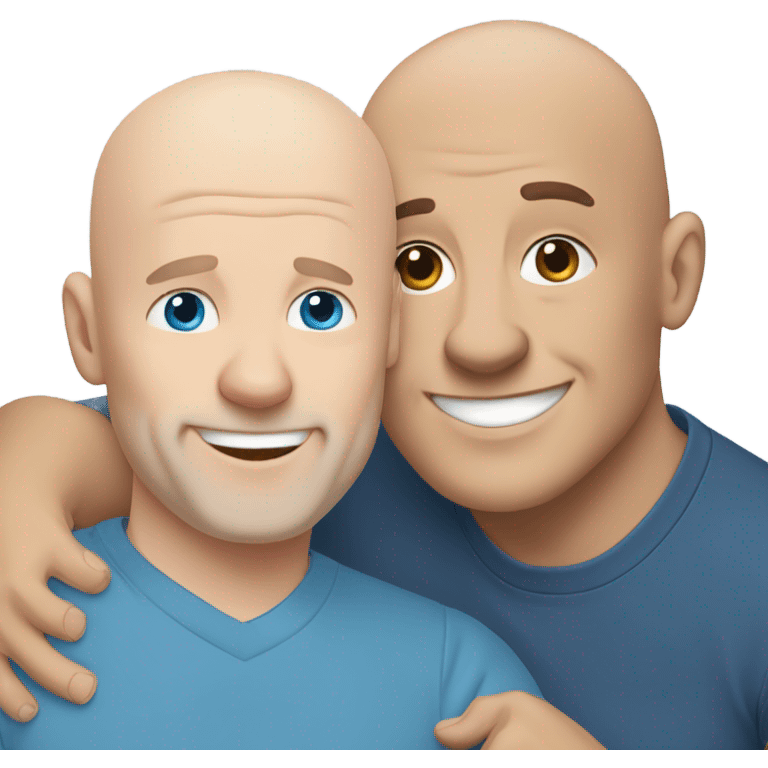 bald white mature man no beard blue eyes and blue  tshirt Hugging large gray male smiling pit bull emoji