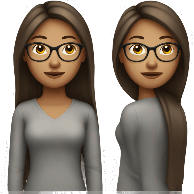 A woman with straight brown hair with backwards glasses emoji