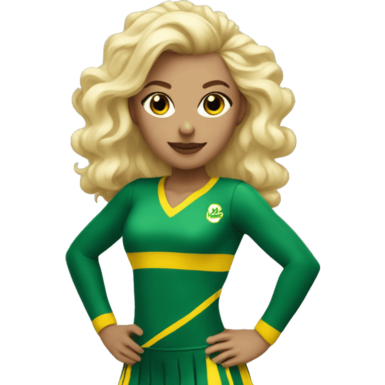 Blonde Cheerleader in green and yellow uniform with pom poms in her hands emoji