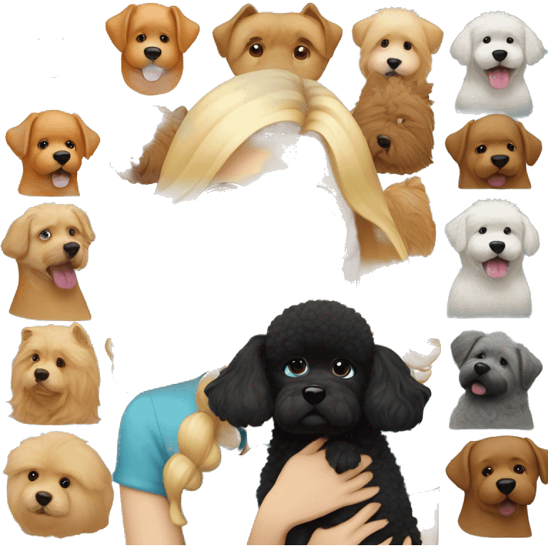 blonde blue-eyed woman with black poodle puppy and orange chow chow emoji