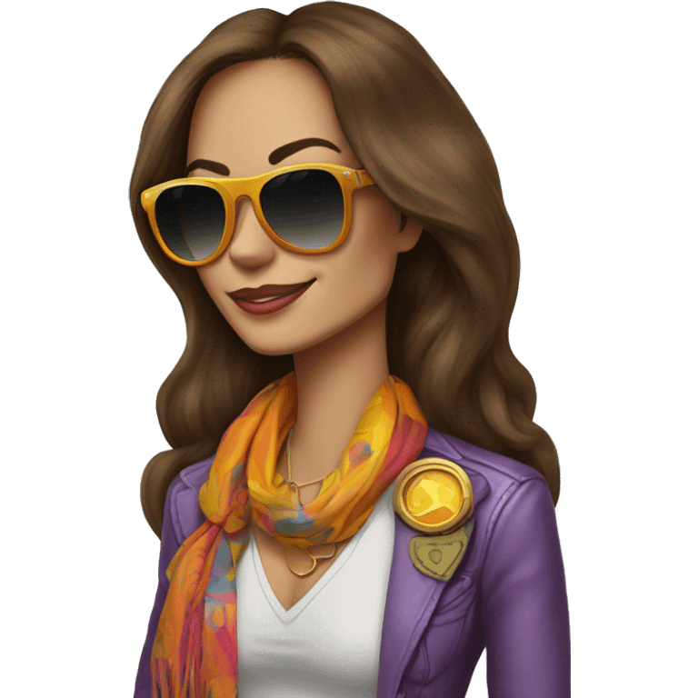 70's rockstar woman with bell-bottoms, long brown hair, a t-shirt tucked into the bell bottom jeans and a belt. She is wearing aviators and a 70's rockstar colorful scarf and colorful blazer  emoji