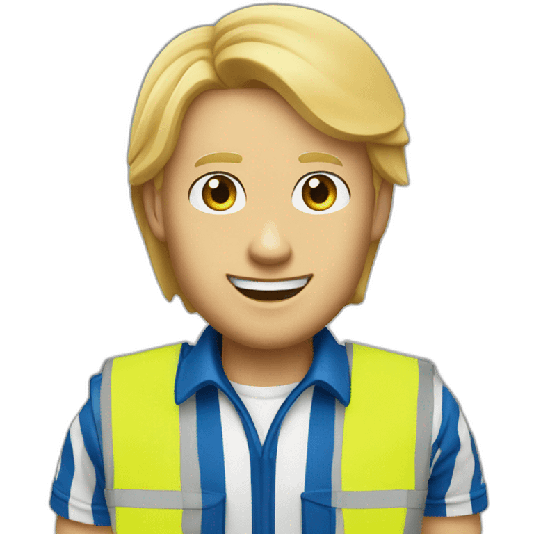 Ikea coworker blue eyes blond manager man blue stripes t-shirt and yellow security vest emoji