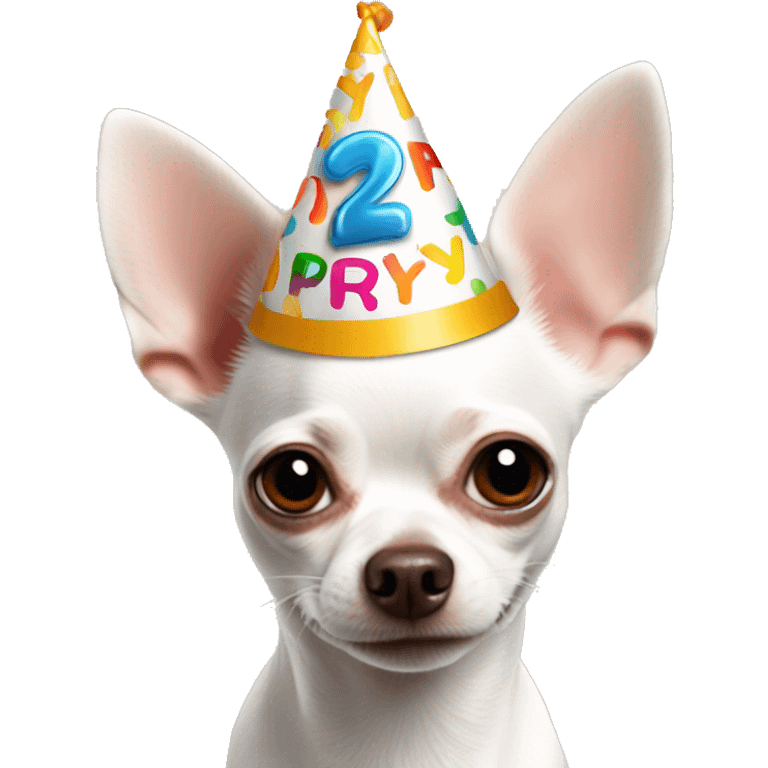 White deerhead chihuahua wearing a birthday hat emoji