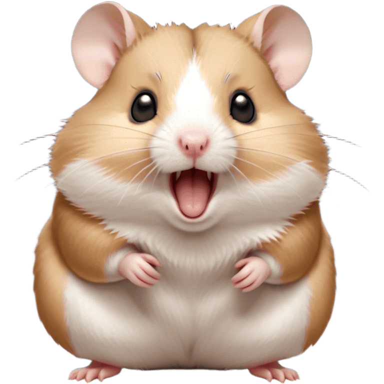 Cinematic Cute Yawning Brown and White Banded Hamster Portrait Emoji, Head tilted slightly with a dramatic, wide-open yawn, revealing a soft, banded fur of brown and white with tiny droopy ears, round dark eyes barely open in drowsy contentment, Simplified yet irresistibly adorable features, highly detailed, glowing with a soft, cozy glow, high shine, relaxed yet expressive, stylized with a touch of whimsy, bright and endearing, soft glowing outline, capturing the essence of a sleepy yet affectionate hamster, so drowsy it feels like it could stretch out of the screen and curl up for a nap! emoji