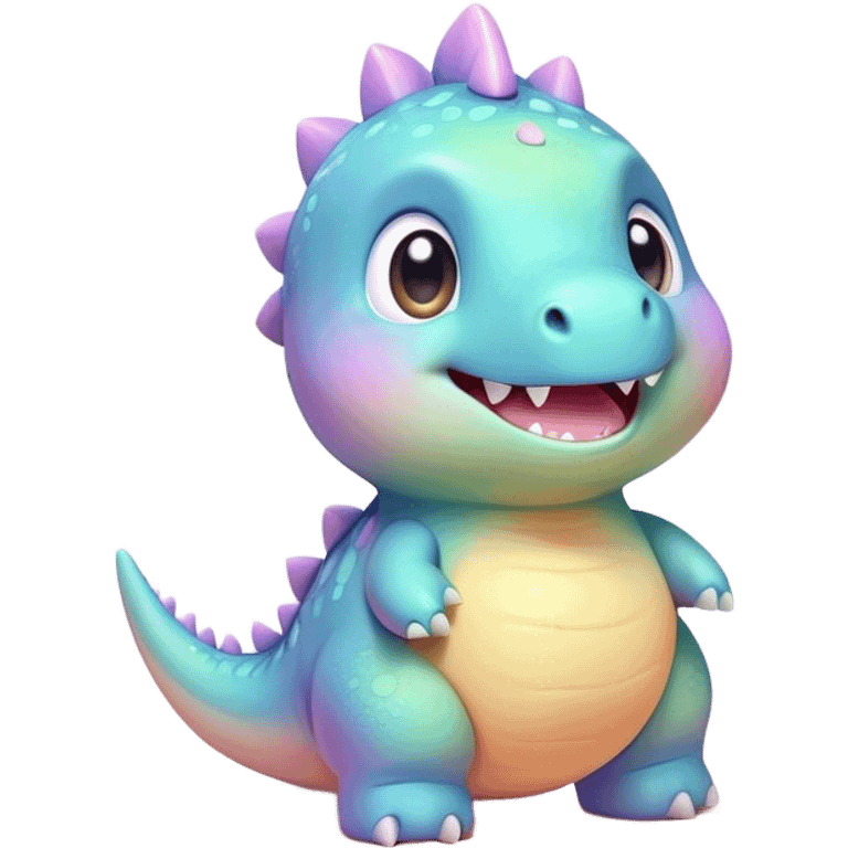 Cinematic tiny pastel dinosaur, chubby round body, tiny feet, big sparkling eyes, soft glowing colors, happy and friendly expression, radiating warmth. emoji