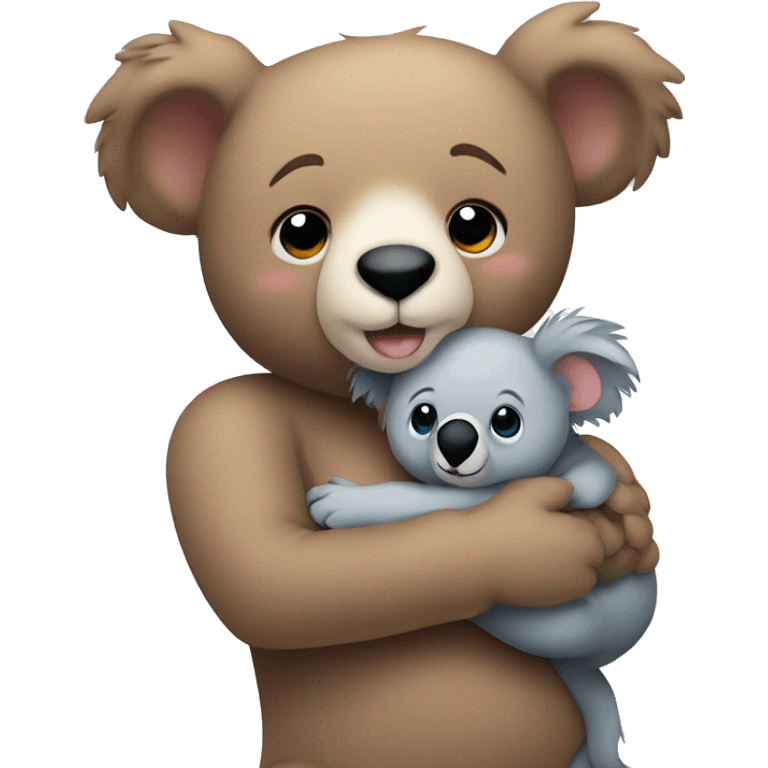 A cute teddy bear holding a cute koala in his arms so tight  emoji