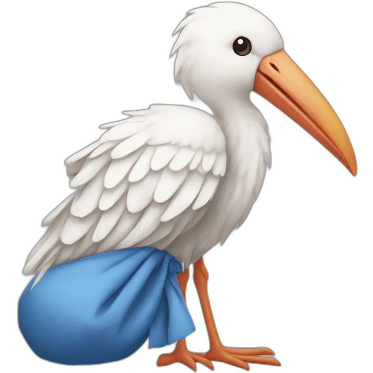 White stork carrying a blue bundle of cloth in its beak that has a human baby with dark hair and the baby head is peeking from the fabric bundle the strok is carrying with its beak emoji