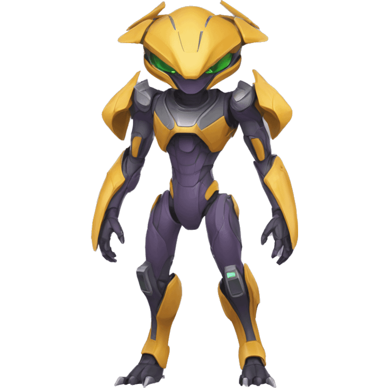 a Genesect-Raptor-Fakémon—hybrid with a futuristic visor-helmet full body emoji