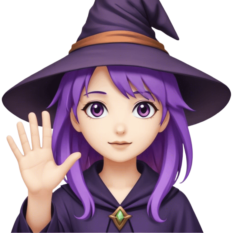 Cute anime girl with purple hair in witch hat waving hand emoji