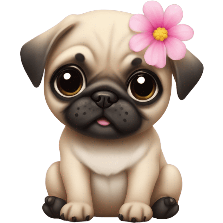 Baby pug with big pink
eyes playing with a flower  emoji