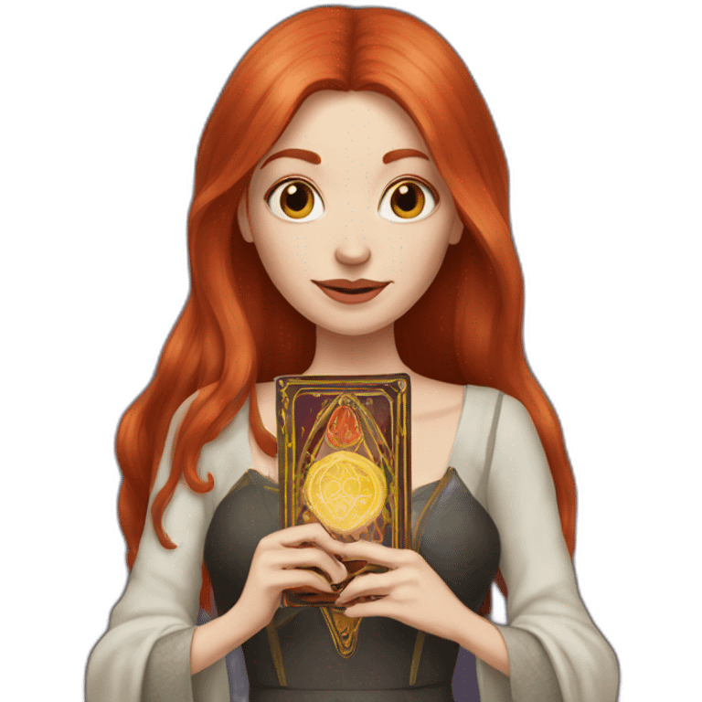 redhead white woman medium long straight hair, holding a tarot card in her hand emoji