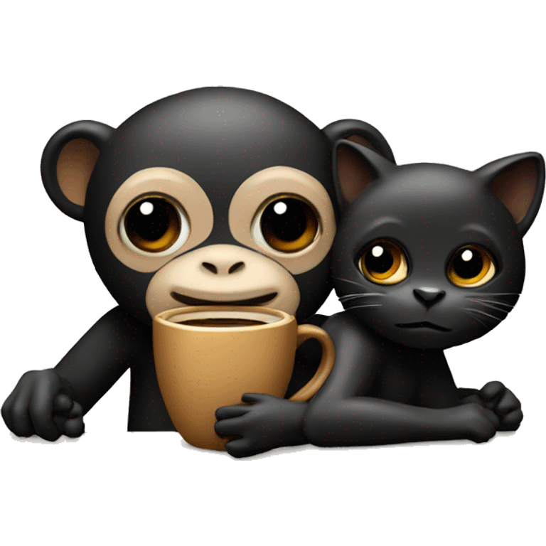 Coffee monkey hugging black cat with black eyes emoji