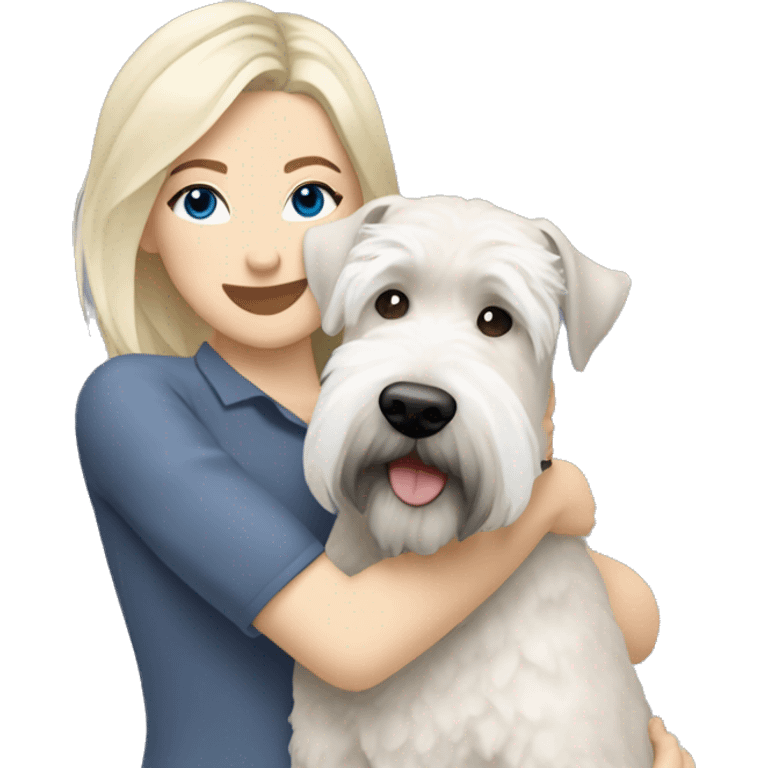 pretty woman blonde hair blue eyes hugging a white and gray soft coated wheaten terrier dog emoji