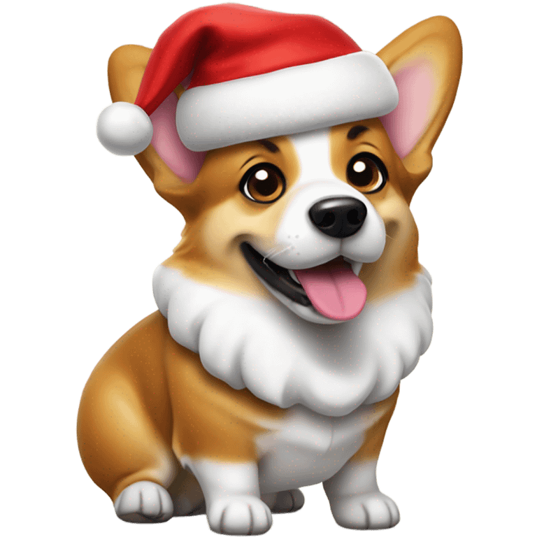 Corgi dog wearing a Santa Claus costume with tongue sticking out emoji