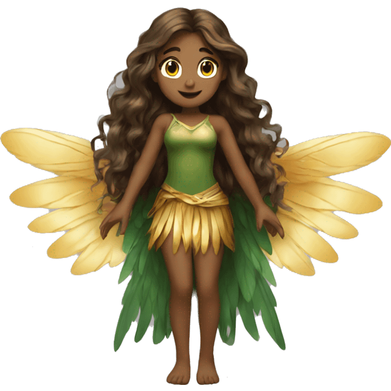 big wings, Beautiful, fairy, gold, brown, dark green, green, long hair emoji