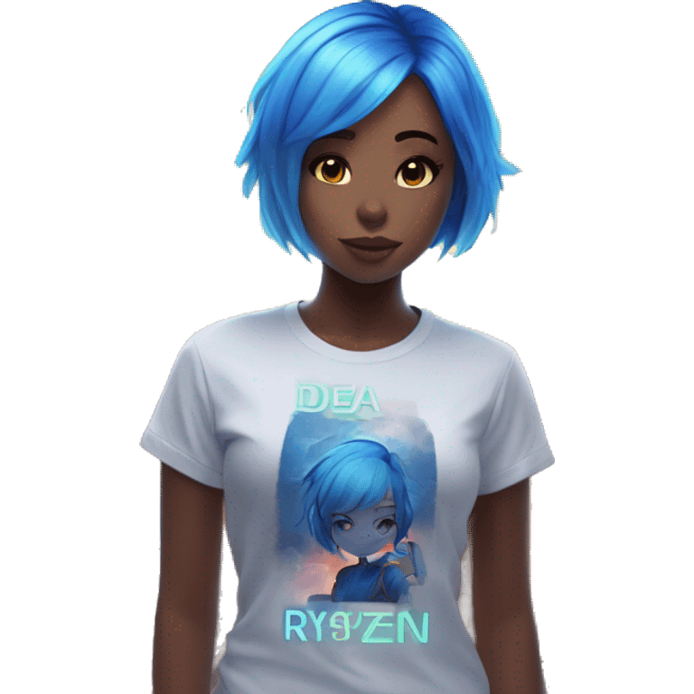 Beautiful anime girl with short blue hair near the city that glows very strongly and the inscription on the T-shirt dea "Ryzen" emoji