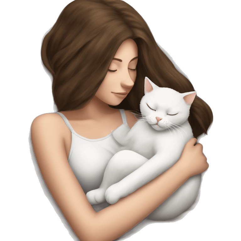 White kitty sleeping on brunette white girl's lap emoji