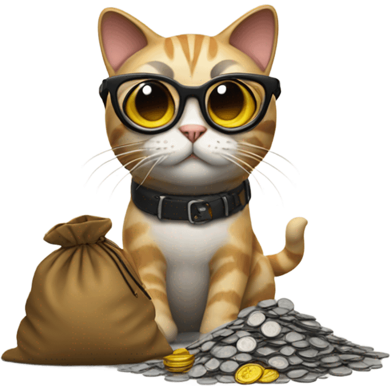 cat in brutal glasses with a bag of coins emoji