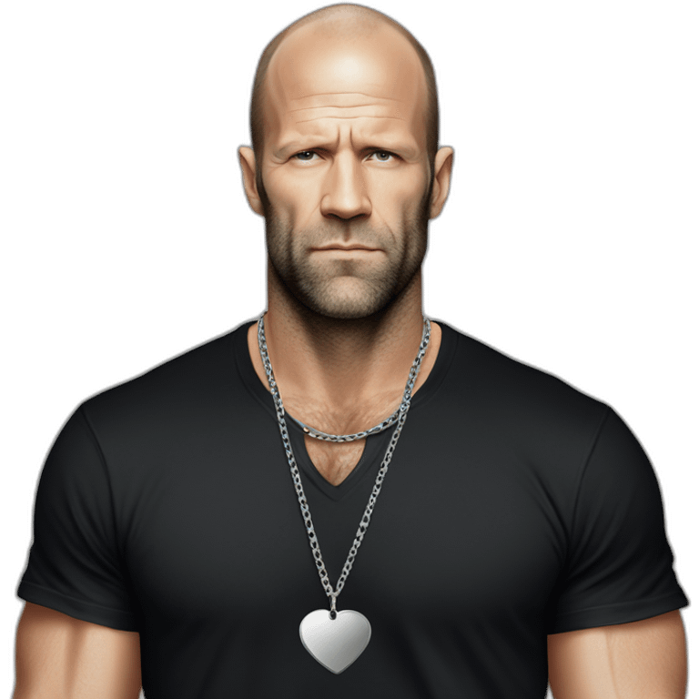 Jason Statham wearing men silver chain on a black tshirt,styled,cool emoji