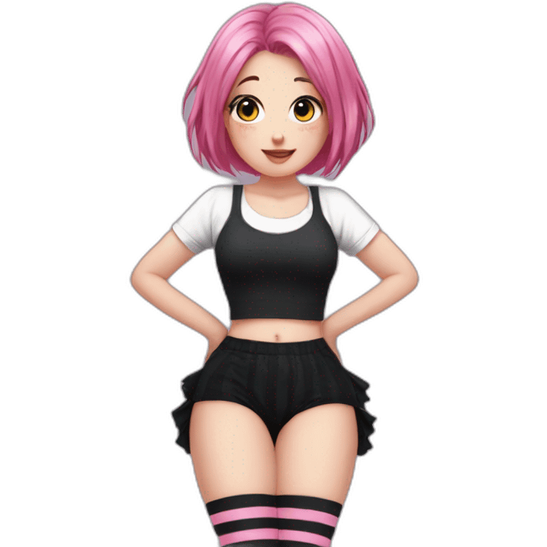 Front view curvy emo girl pink hair sits black skirt pink knickers striped stockings hands up emoji