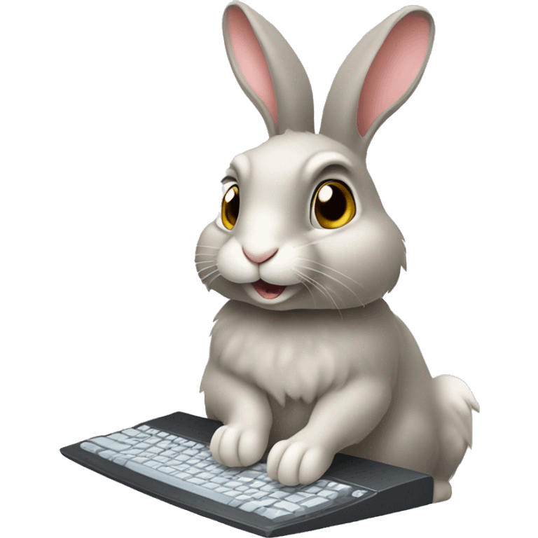 Big cute Flemish rabbit typing on a computer keyboard  emoji