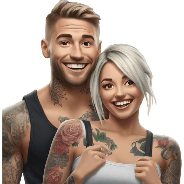 Hyper Realistic beautiful woman getting a piggy back off a handsome tattooed man laughing  emoji