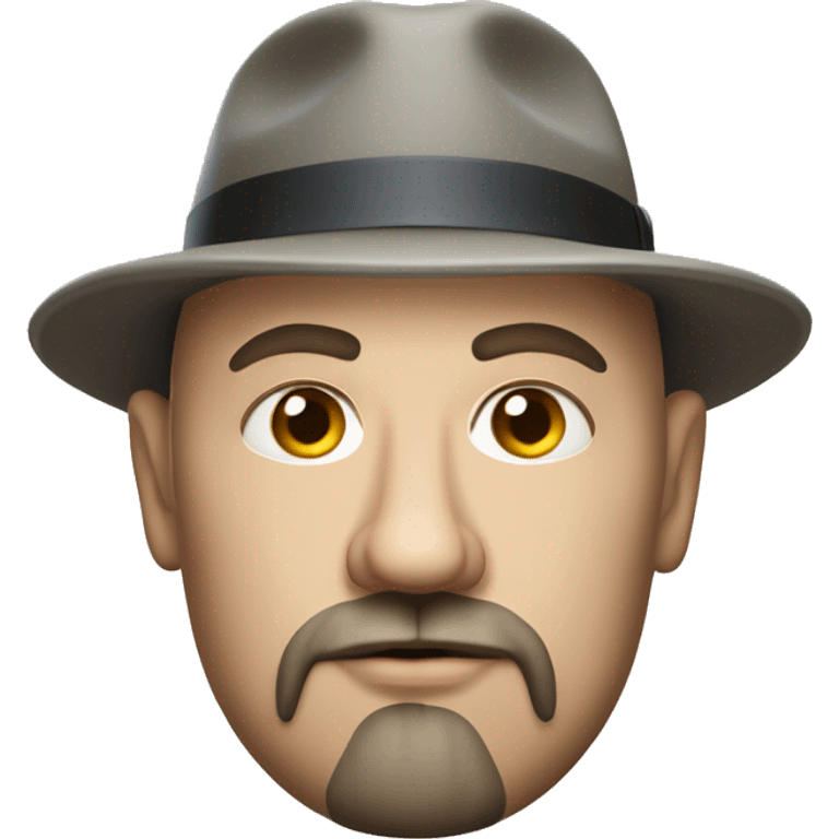 Photorealistic serious A plump bald man of Slavic appearance with a goatee and mustache, wearing a fedora hat emoji