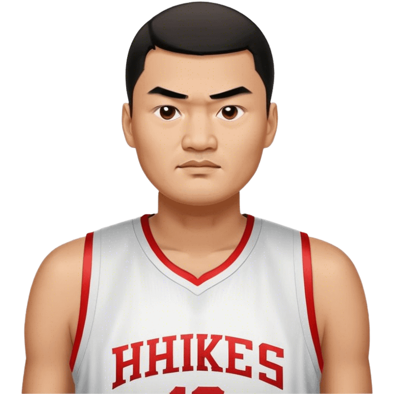 Yao Ming – Cinematic Realistic Portrait of Yao Ming, depicted as a towering basketball icon in a modern uniform, with a gentle yet determined expression and dynamic arena lighting that highlights his immense stature and graceful athleticism. emoji