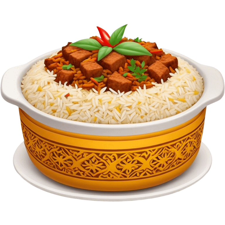 Cinematic Realistic Biryani Dish Emoji, depicted as aromatic basmati rice layered with spiced meat and herbs rendered with vibrant textures and warm, inviting lighting. emoji