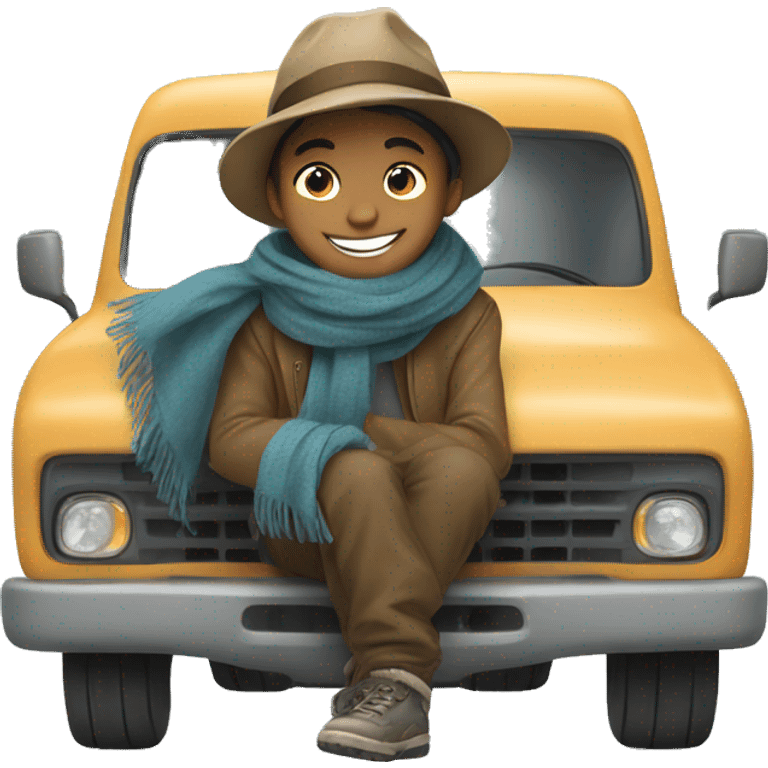 smiling boy in hat and scarf sitting in a truck bed emoji