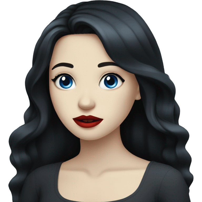 A girl with pale skin, long black hair and blue eyes, with red lips emoji