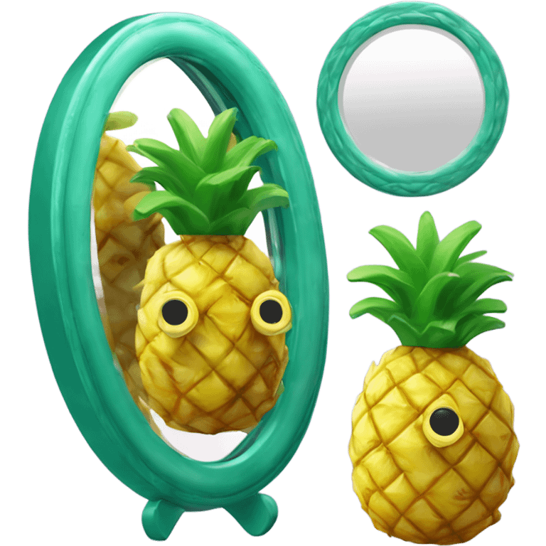 3D elegant pineapple🍍  with big shiny eyes 👀 pineapple holds mirror with its reflection 🪞🍍 emoji