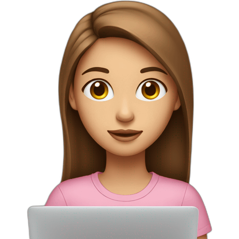 Girl with long brown hair brown eyes white skin pink shirt sitting and looking eye up in front of Apple laptop emoji