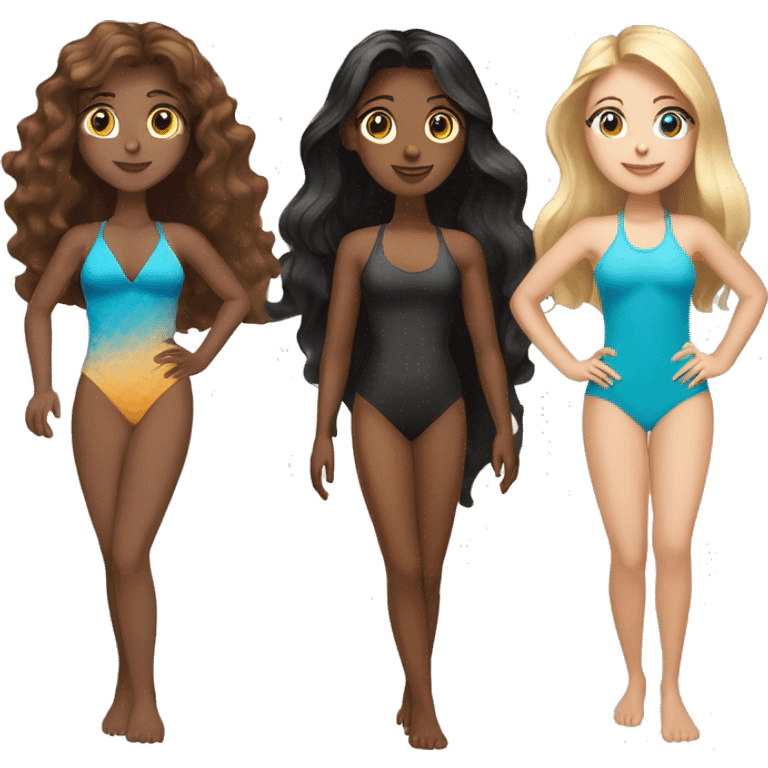 Three women in swimsuits One blonde long hair Blue eyed, One wavy brown long and brown eyes tannish skin, one straight black long hair brown eyes.  emoji