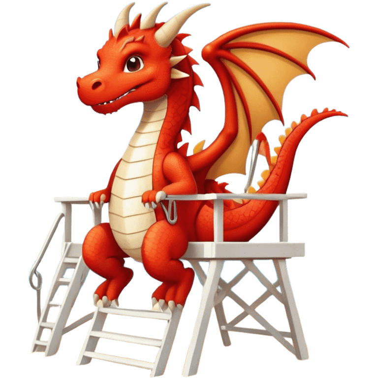 dragon in a white lifeguard uniform in the sun on the beach in a lifeguard stand emoji