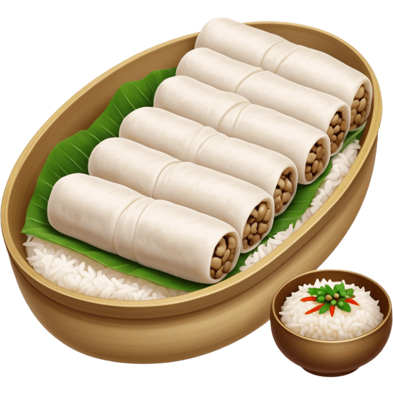 Cinematic Realistic B√°nh cu·ªën Dish Emoji, featuring steamed rice rolls filled with savory minced pork and mushrooms rendered with soft textures and inviting, warm lighting. emoji