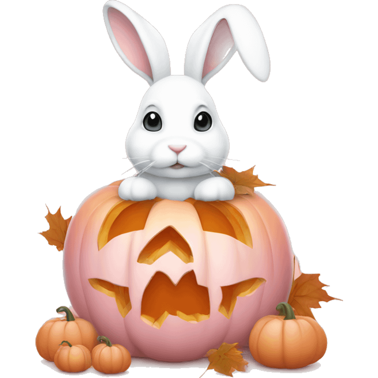 autumn cozy white rabbit in light pink pumpkin  emoji