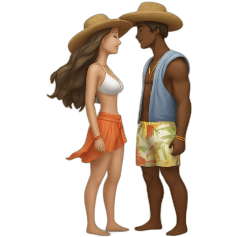 with beach clothes young metis man and white woman kiss love emoji