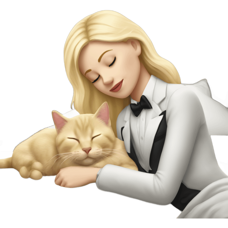 White girl blonde hair sleeping with tuxedo kitty emoji