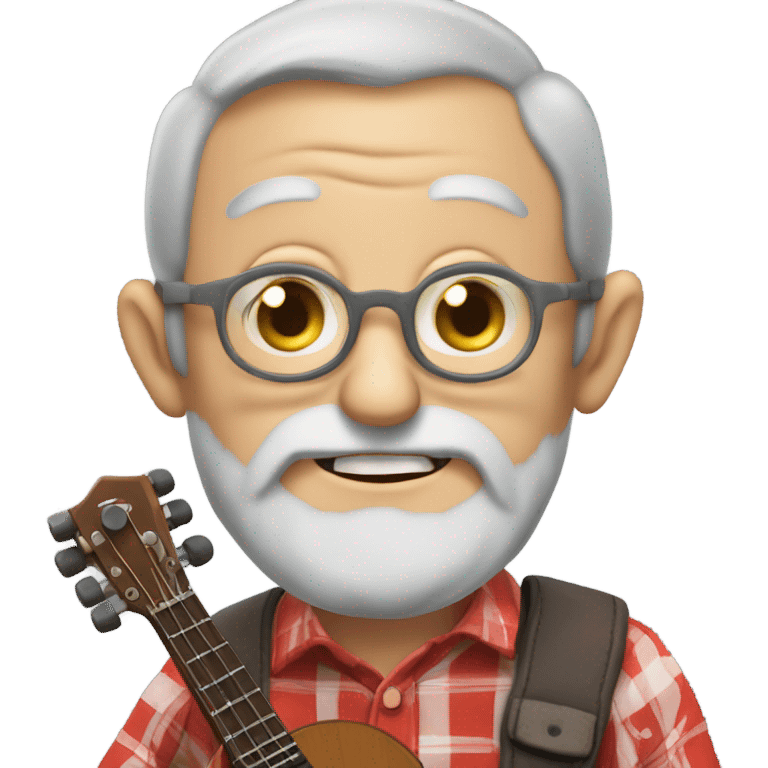 Old man, really long grey beard, country bumpkin, huge wild eyes, buck teeth, playing a banjo and wearing a red long sleeve plaid shirt emoji