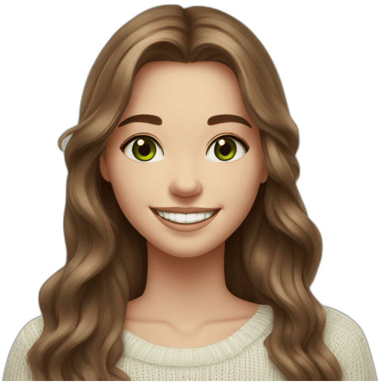 beautiful girl, white, with long loose wavy hair, brown hair, brown green eyes, smiles at the camera, good teeth, white sweater, realistic drawing emoji