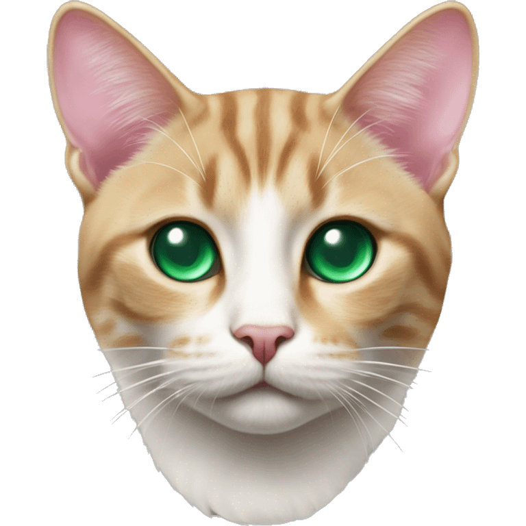 a cat with a white triangle on its face and the letter M on its forehead, with a pink nose and emerald eyes emoji