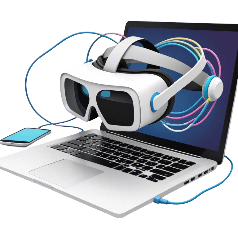 VR headset lying next to a laptop, connected by wires. On the laptop screen a VR/AR modeling program is opened. Floating 3D models or virtual objects. Modern, tech-inspired colors. No emojis or smiley faces. Transparent background. emoji