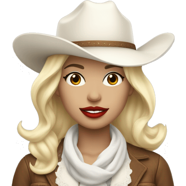 cowgirl with a white hat and white scarf and blonde short hair with red lipstick emoji