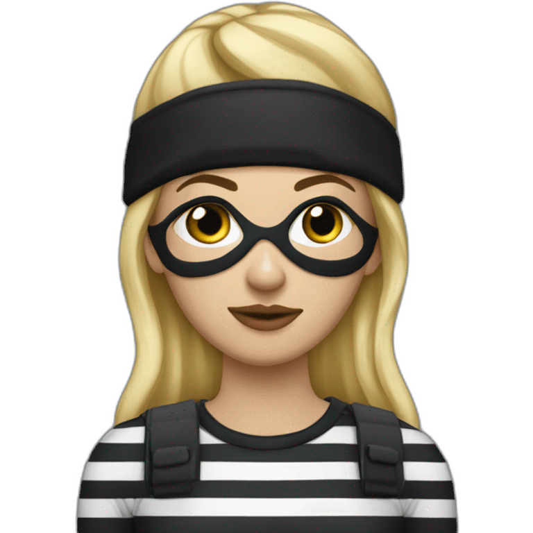 bank robber blonde woman with black beanie hat eye mask and striped shirt emoji