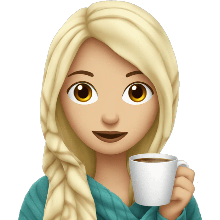 Blonde girl drinking coffee in blanket  emoji